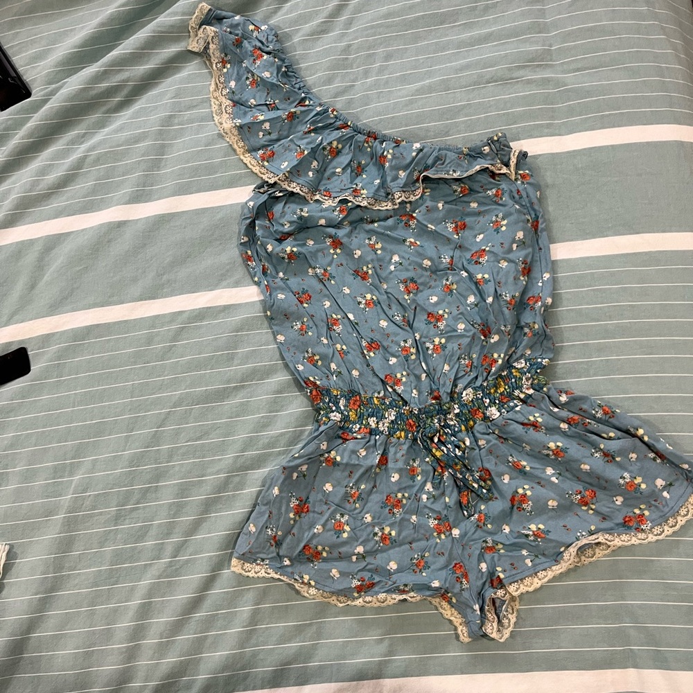 Baby blue, floral, one shoulder romper S